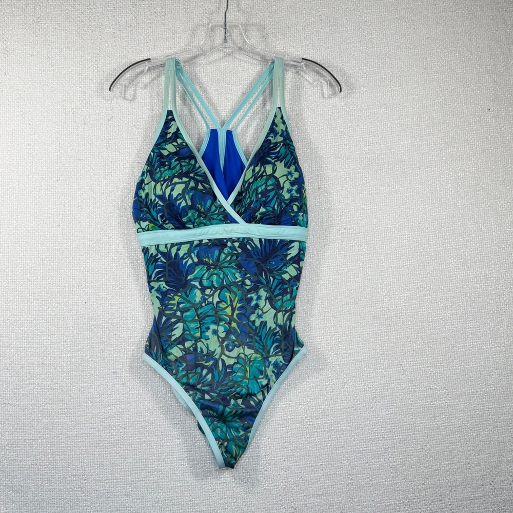 LL Bean Womens Tropical Floral One Piece Swimsuit Blue Green UPF 50+ 12 REG